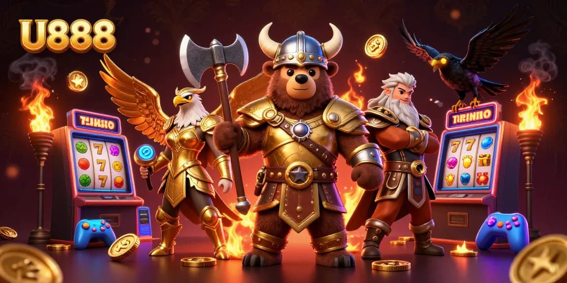 Engage with U888's vibrant slots featuring cartoon Viking characters in an intense gaming atmosphere.
