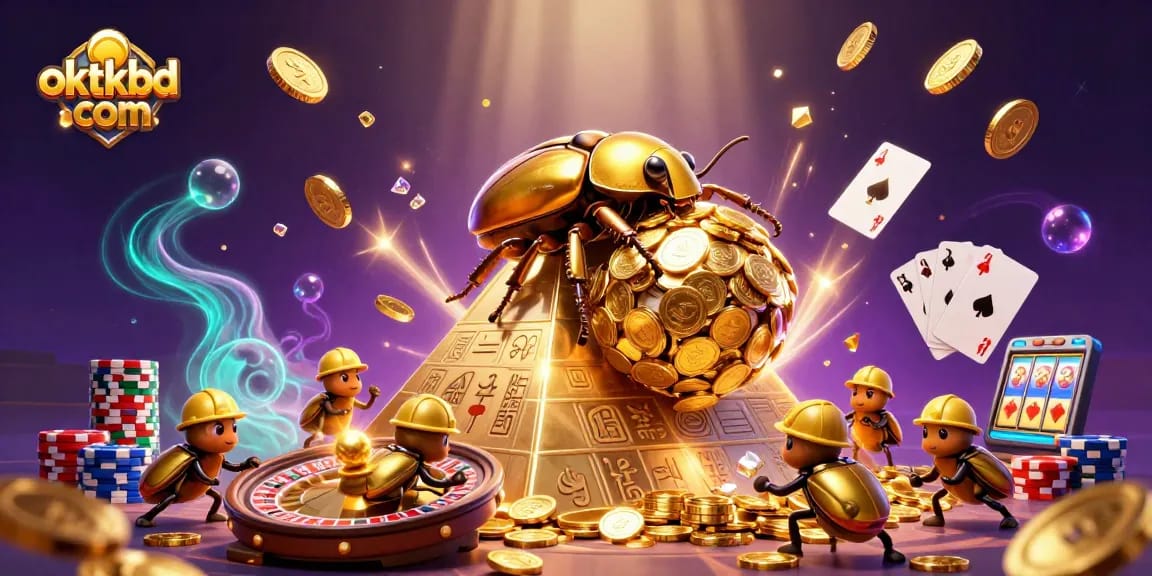 Engage with the vibrant world of oktkbd com featuring golden beetles, coins, and thrilling casino elements.