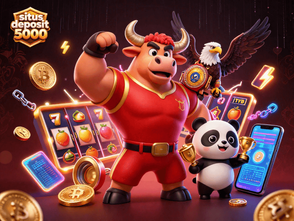 Experience the thrill of winning with situs deposit 5000, vibrant characters and slot elements celebrating the excitement of online gambling.
