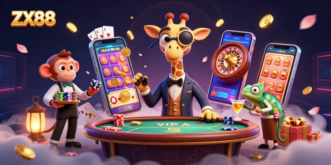 Experience thrilling gameplay with ZX88, where a giraffe in a VIP suit interacts with casino elements