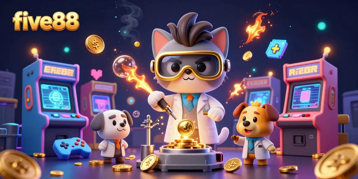 five88 features a mad scientist cat and assistant amidst vibrant casino elements, crafting a gold-coin machine.