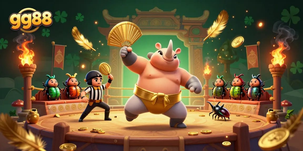 Experience thrilling gambling action with gg88's vibrant 3D illustration featuring a sumo champion beetle.