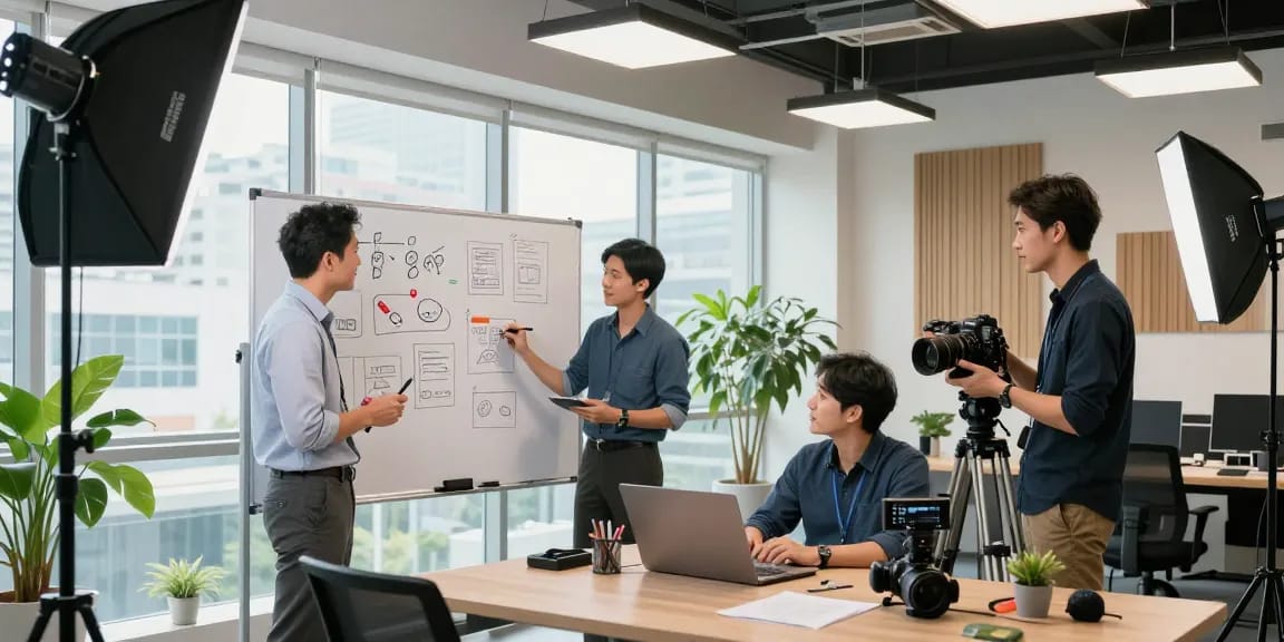 Engaging team collaborating on corporate videography services in Singapore with creative tools and equipment.