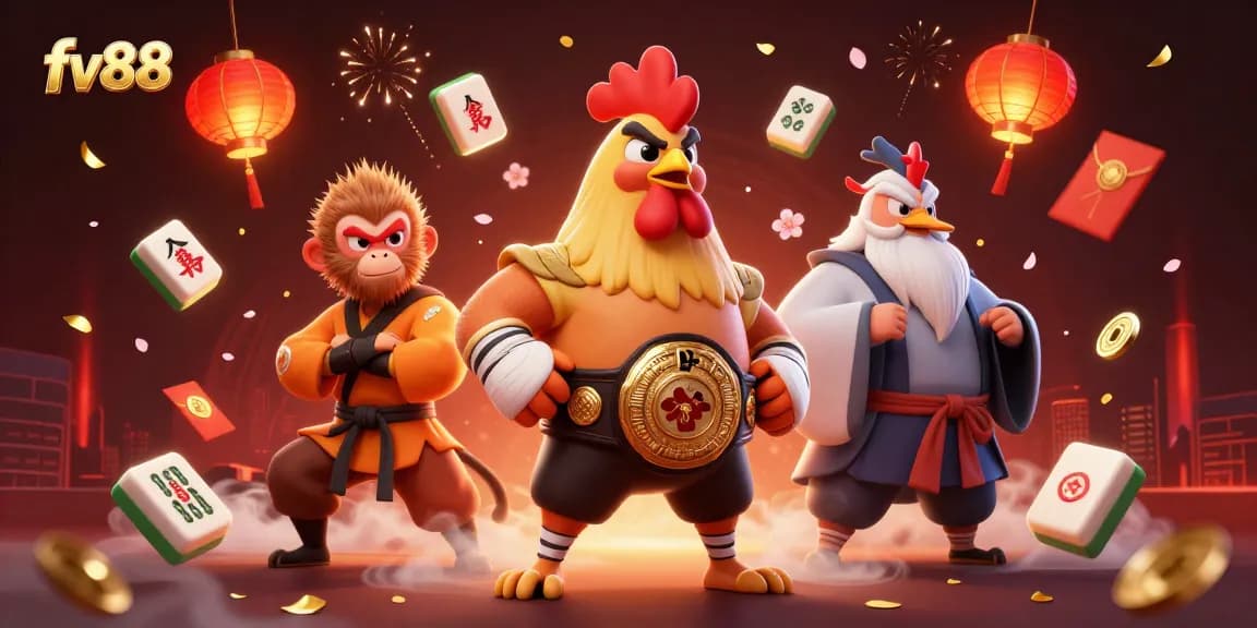 fv88 players engage in thrilling action with festive gaming symbols and vibrant characters.