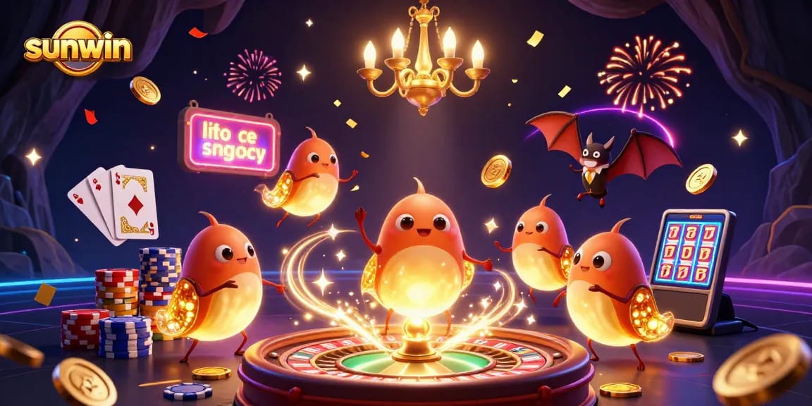 Experience sunwin's vibrant 3D casino scene with glowworms, coins, and playful games.