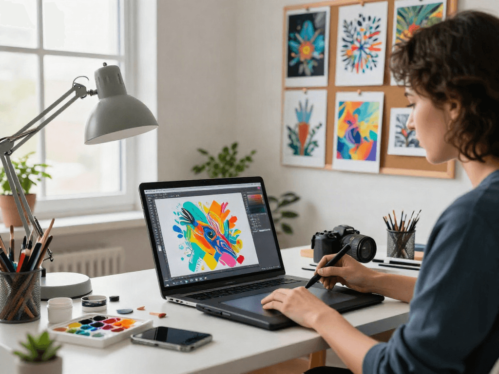 Dynamic artist creating nsfw ai digital artwork in a vibrant studio