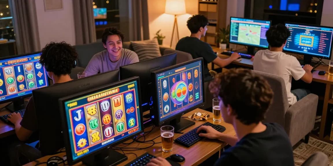 Exciting slot gacor gaming experience with diverse players enjoying vibrant online games in a cozy setting.