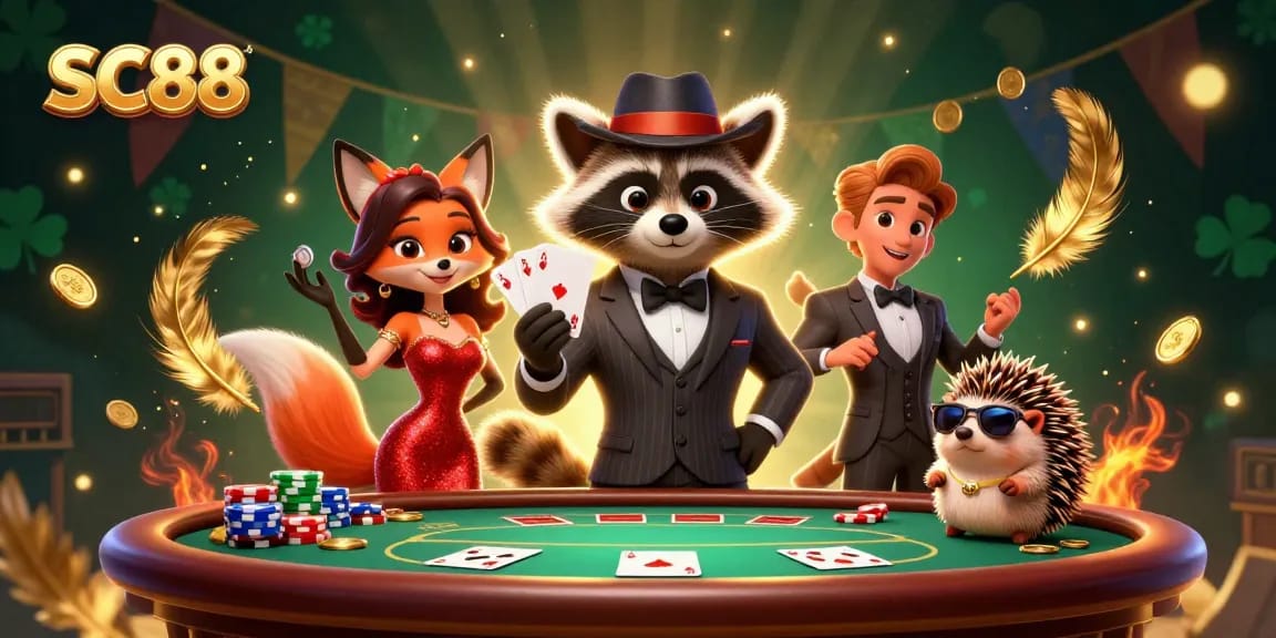 Engage in thrilling poker action with SC88's stylish characters at a vibrant casino table.