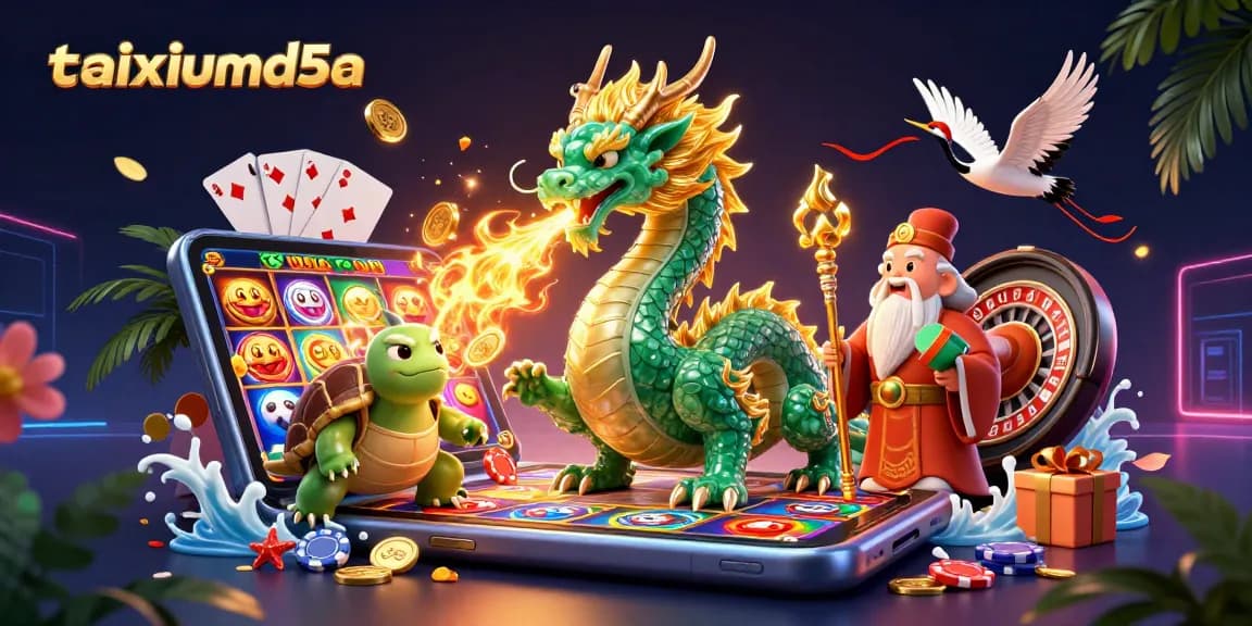 Engage in thrilling gameplay with taixiumd5a's vibrant slots and dragon treasure in a dynamic casino scene.