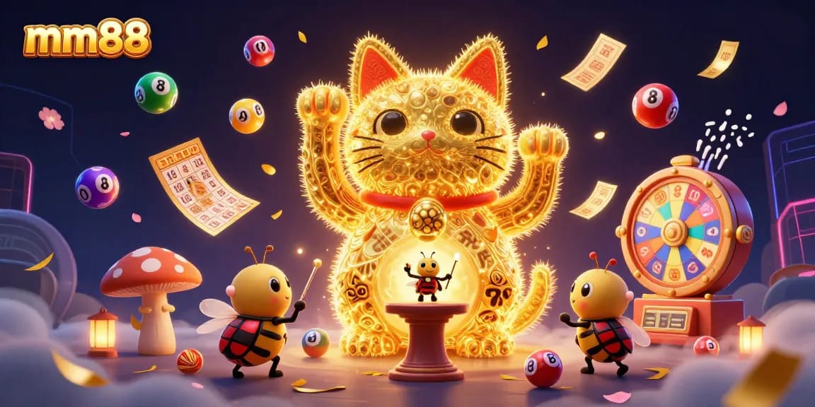 Experience the mm88 excitement with a vibrant lucky cat and dynamic lottery balls in this casino-themed illustration.