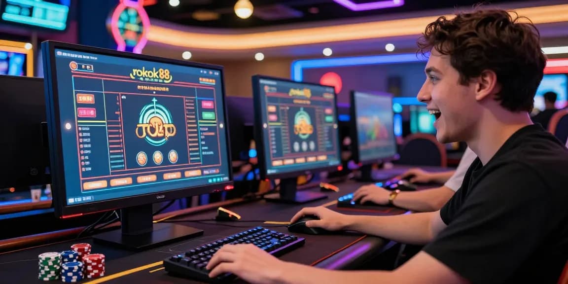Player engaged with the rokok88 rtp gaming interface in a vibrant casino setting, highlighting the excitement of online gambling.
