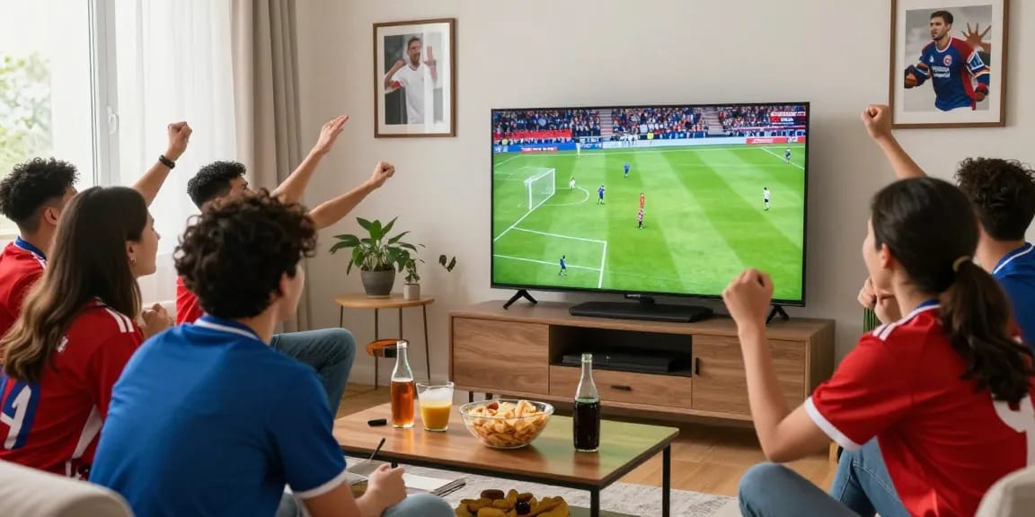 Watching مباريات اليوم مباشر live with friends, cheering for teams in an exciting sports environment