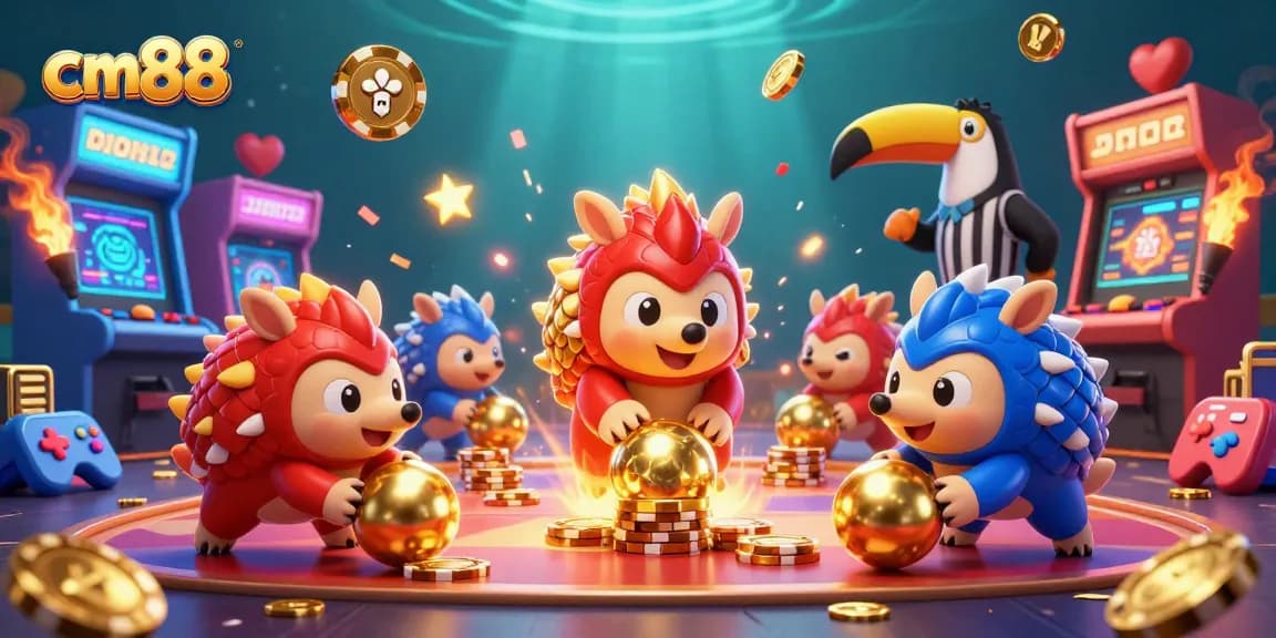 Experience the excitement of cm88 with lively pangolins rolling through poker chips in a vibrant casino game scene.