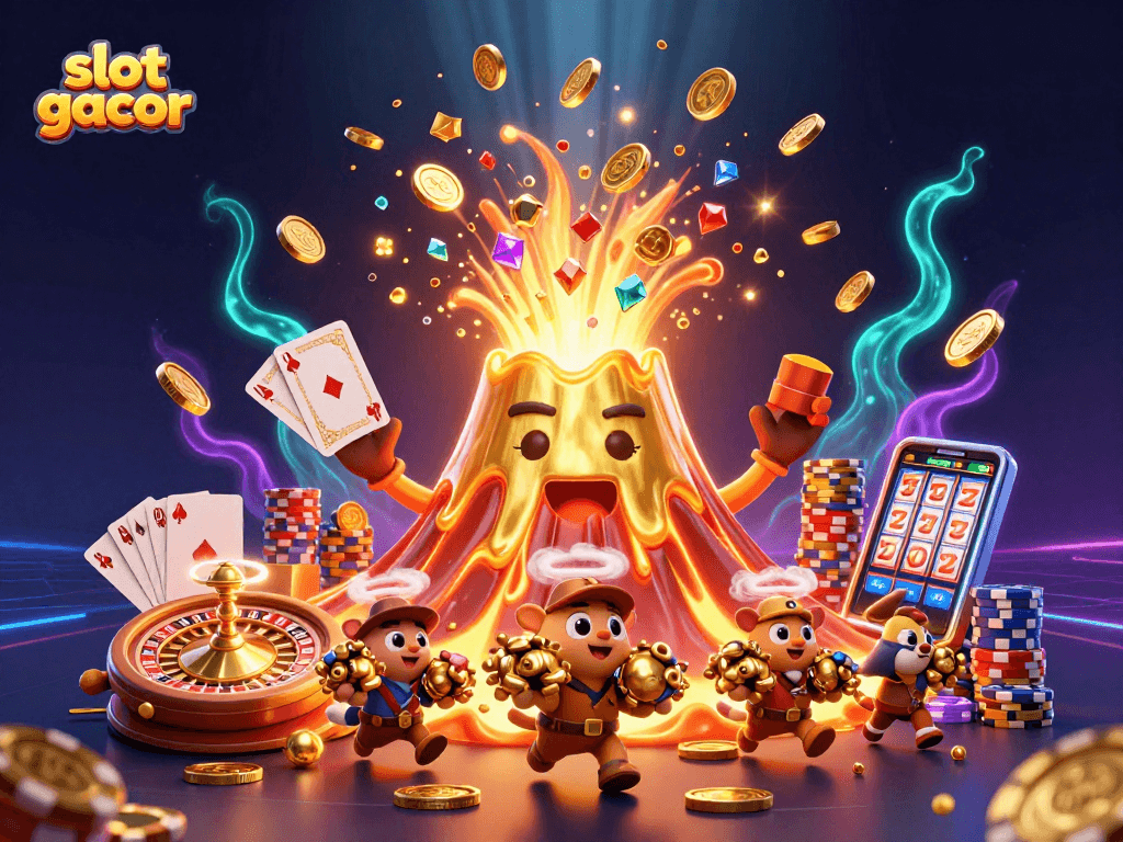 Experience the excitement of slot gacor with vibrant treasures and spinning wheels in a dynamic casino scene.