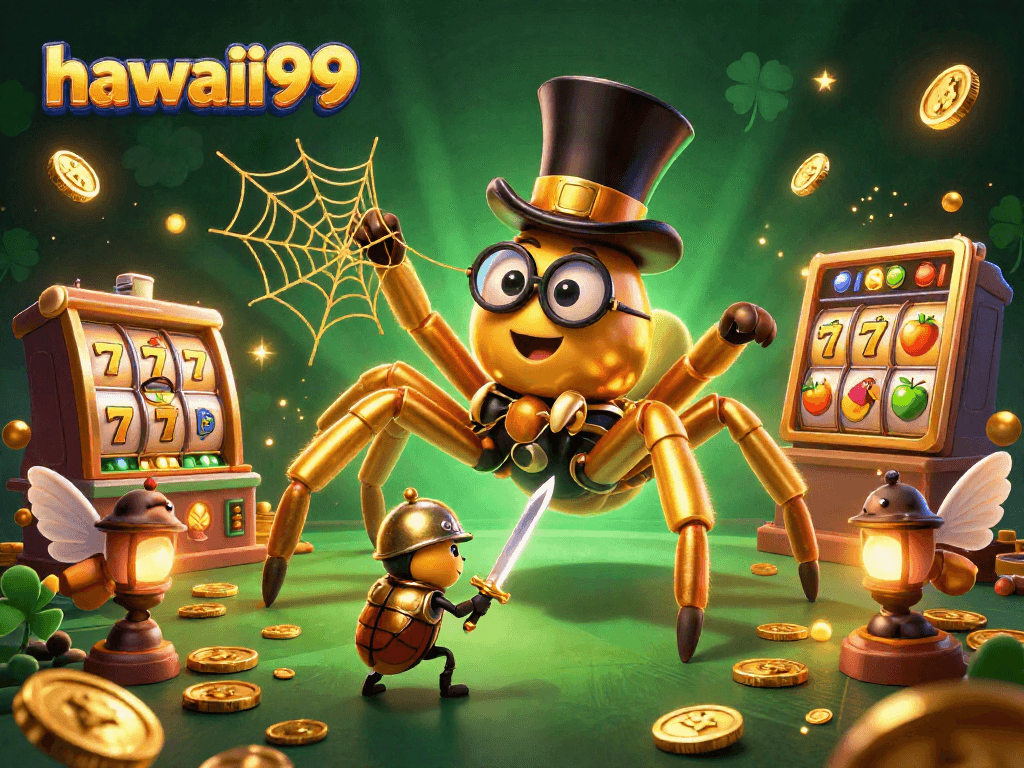 Engage with hawaii99 through a vibrant 3D casino scene featuring a golden tarantula and beetle knight.