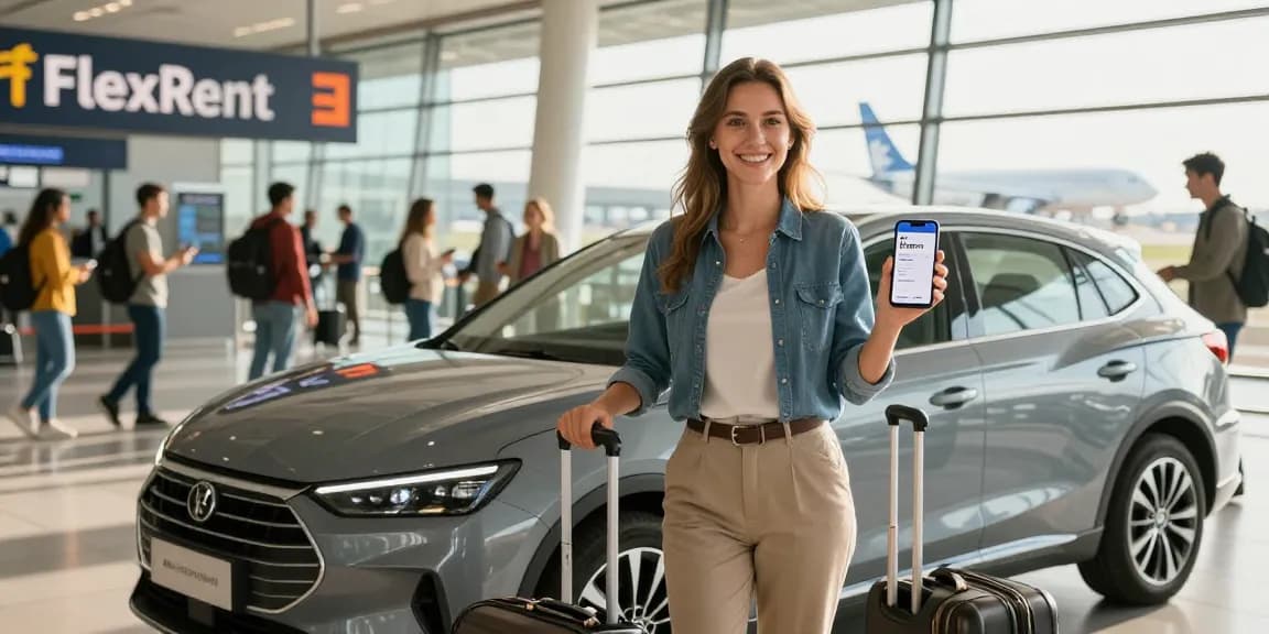 Rent a car chisinau airport service with professional traveler at arrival area, showcasing convenience and efficiency.