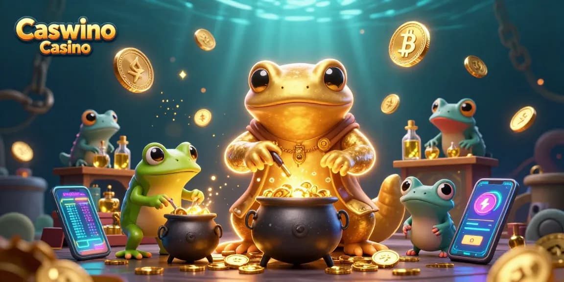 Experience the magic at Caswino Casino with a vibrant 3D scene illustrating gold creation and rich gaming elements.