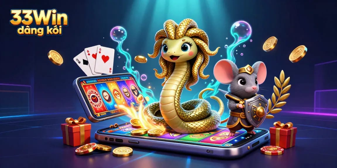 Engage in exciting gameplay with 33Win đăng ký, featuring Medusa and a warrior mouse seamlessly amidst vibrant casino elements.