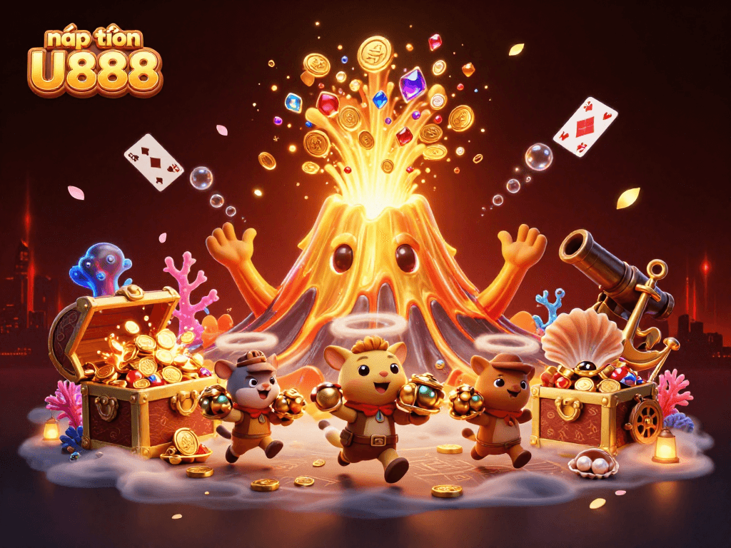 Engaging scene illustrating nạp tiền U888 with a golden volcano erupting treasures and playful animals amidst rich casino elements.