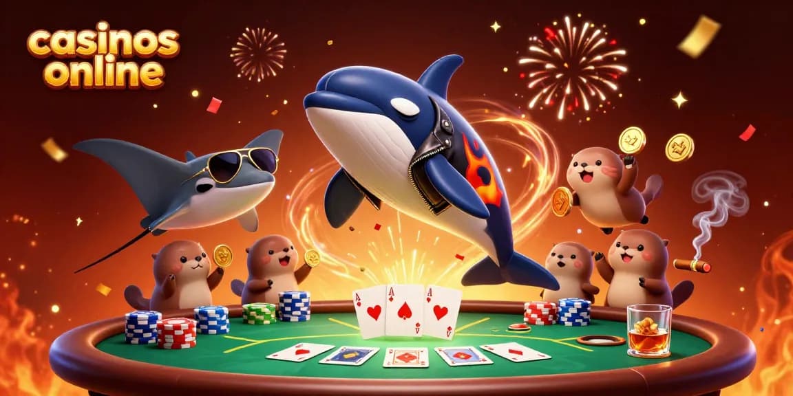 Disfruta de emocionantes juegos en casinos online mientras una ballena orca salta con monedas doradas.