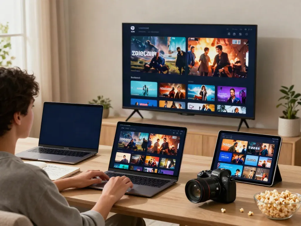 Engaged viewer exploring ZoeChip streaming movies on a laptop in a cozy living room setting.