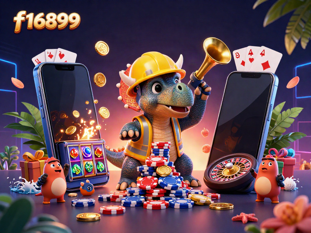 Celebrate gaming with f16899 featuring a triceratops, poker chips, and colorful slot devices.