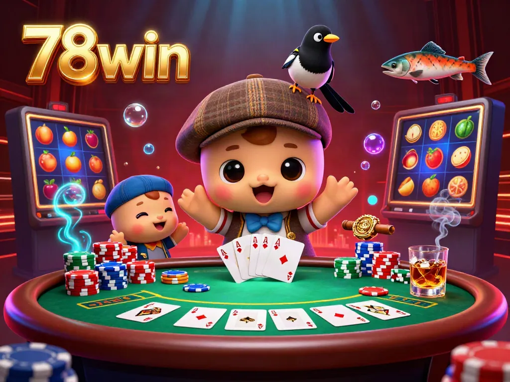 Engage with 78win's vibrant casino scene featuring 3D cartoon baby Nessie and poker dynamics.