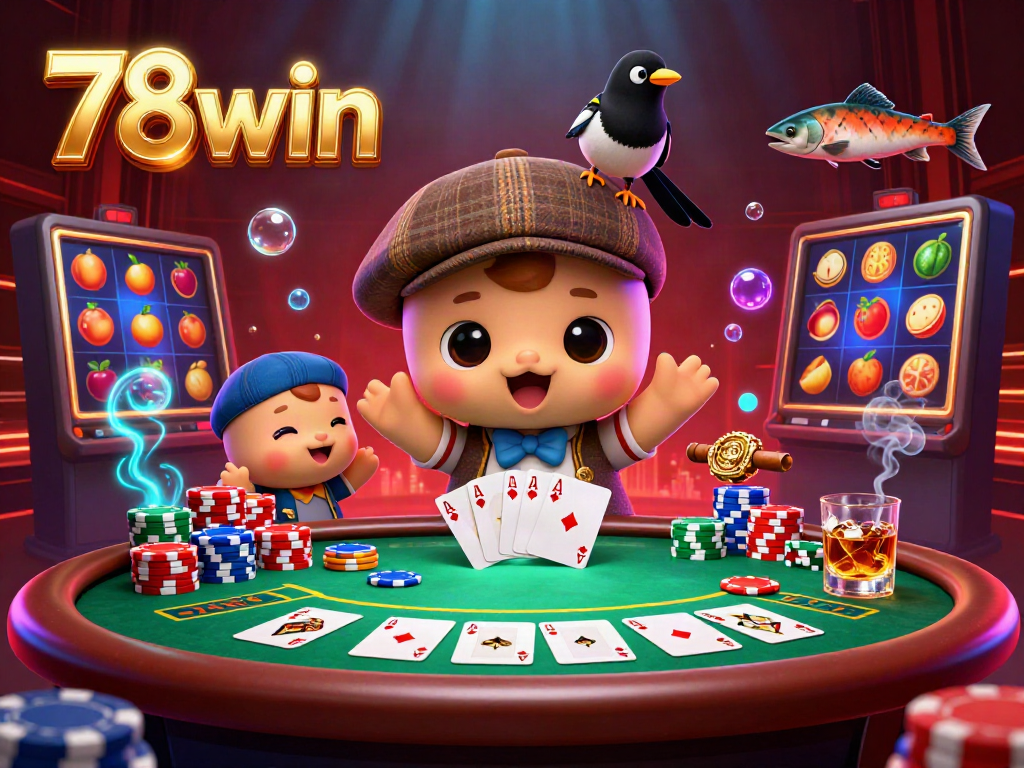 Engage with 78win's vibrant casino scene featuring 3D cartoon baby Nessie and poker dynamics.