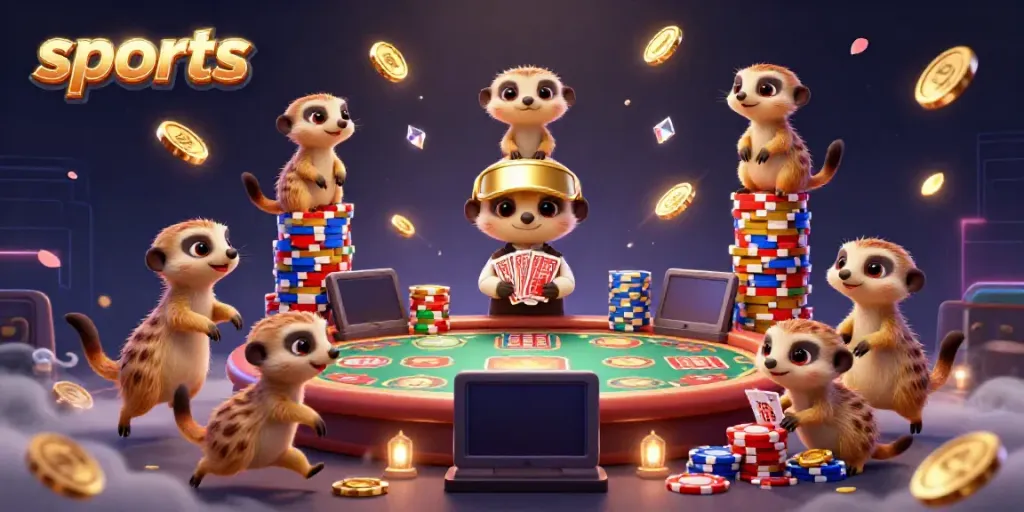 Experience thrilling sports betting action with meerkats and vibrant casino elements in this dynamic scene.