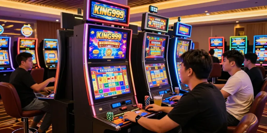 Players excitedly engaging with KING999 slot machines in a vibrant casino atmosphere.