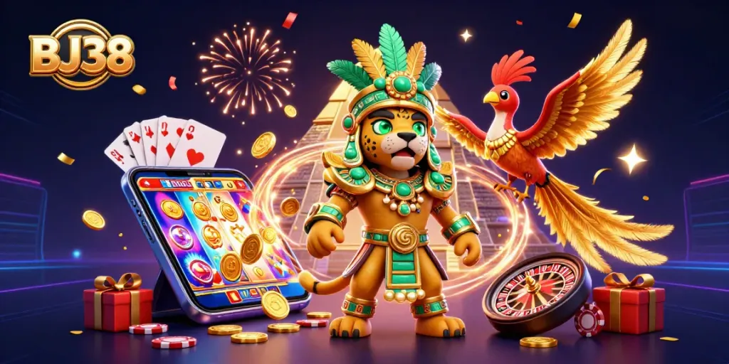 Spin games with BJ38 in a vibrant 3D digital casino illustration showcasing unique characters and gambling elements.