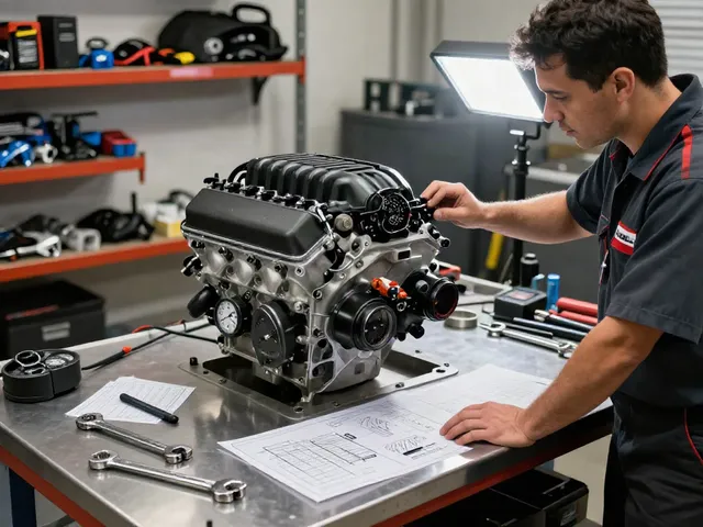 High-performance Hellcat engine for sale, inspected by a mechanic in a bright garage, showcasing tools and engine blueprints.