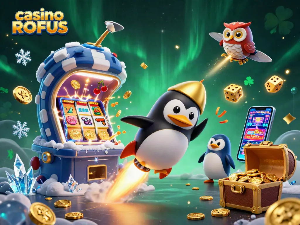 Experience thrilling fun with our casino uden ROFUS themed adventure, featuring a penguin, poker chip station, and slot symbols.