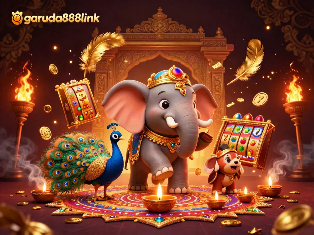 Engaging scene from garuda888link showcasing vibrant slot games and festive elements.
