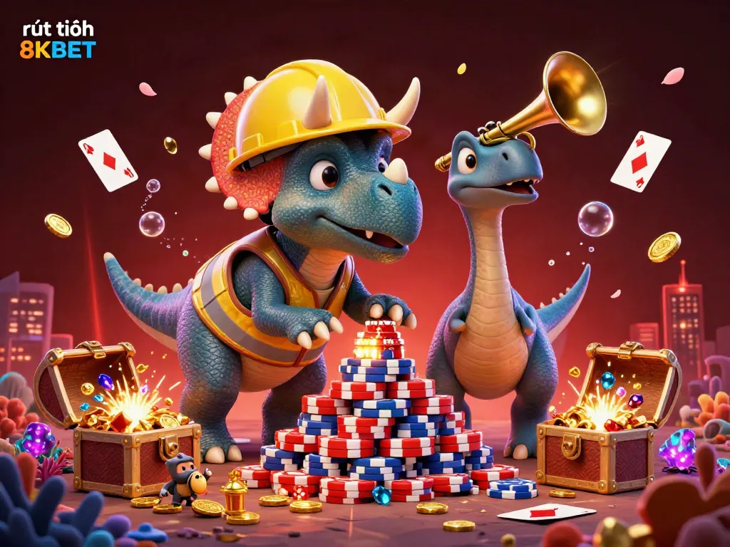 Experience rút tiền 8KBET with a vibrant 3D casino scene showcasing fun characters and rich details, ideal for gamblers.