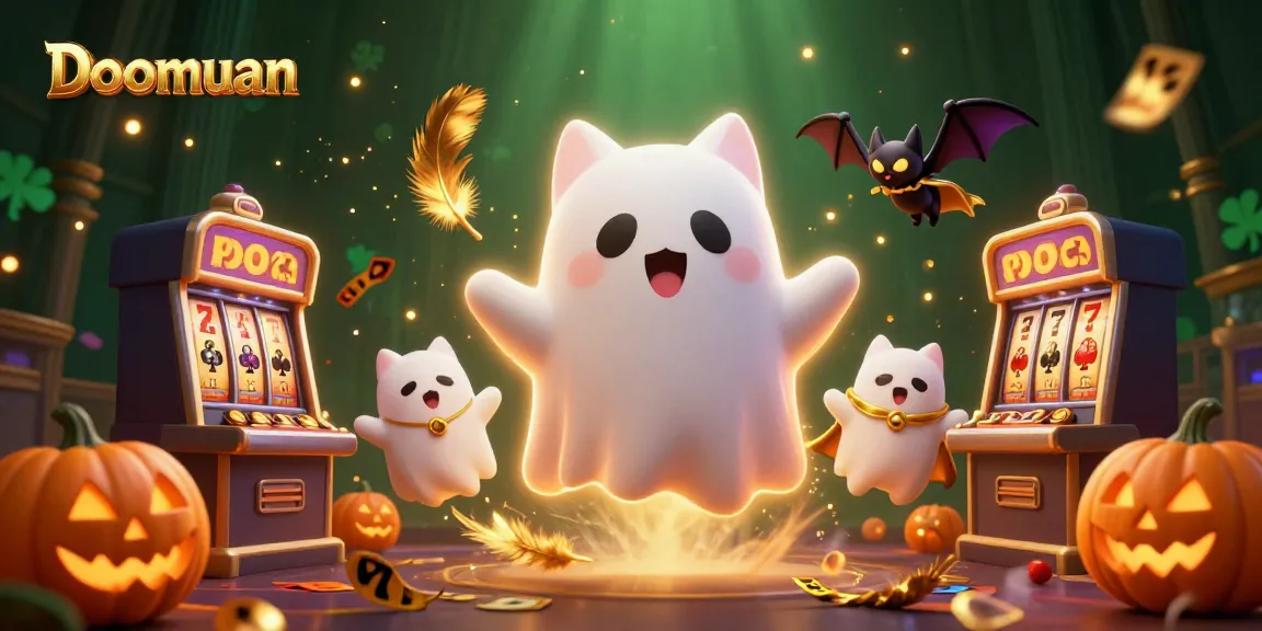 Win big at Doomuan with a ghost cat and bat in a sparkling haunted casino scene.