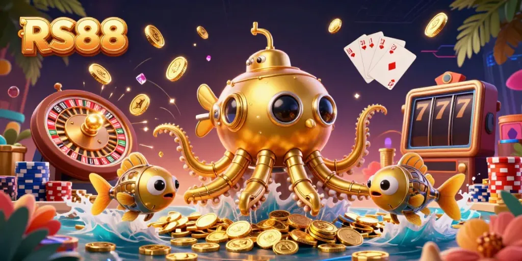 Experience the thrilling RS88 casino with a golden kraken submarine amidst coins and dynamic game elements.