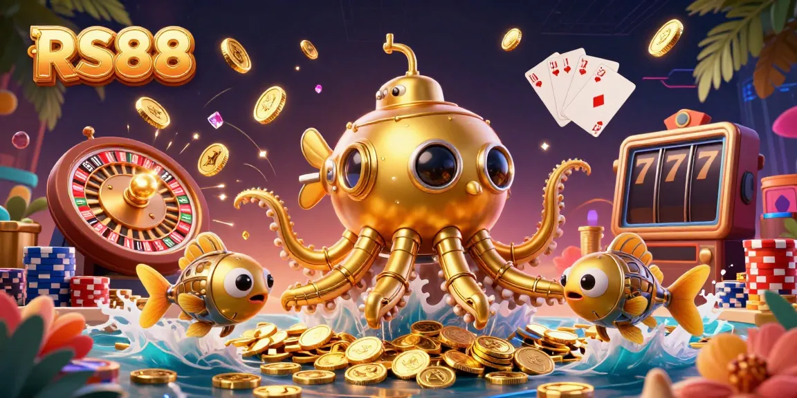 Experience the thrilling RS88 casino with a golden kraken submarine amidst coins and dynamic game elements.