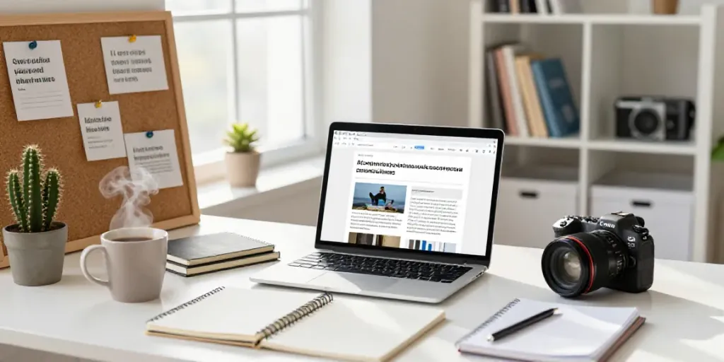 AI article conclusions generator used in a modern workspace with creative elements and bright lighting.