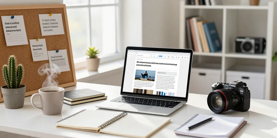 AI article conclusions generator used in a modern workspace with creative elements and bright lighting.