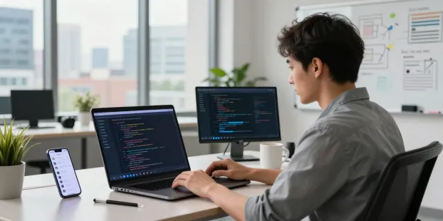 AI chatbot interface displayed on a laptop in a modern tech workspace with user interactions.
