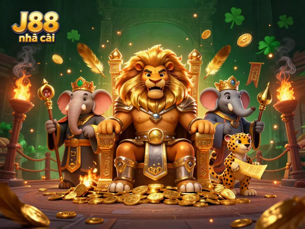 Engage with thrilling experiences at J88 nhà cái with a majestic lion king, elephant advisor, and cheetah messenger.