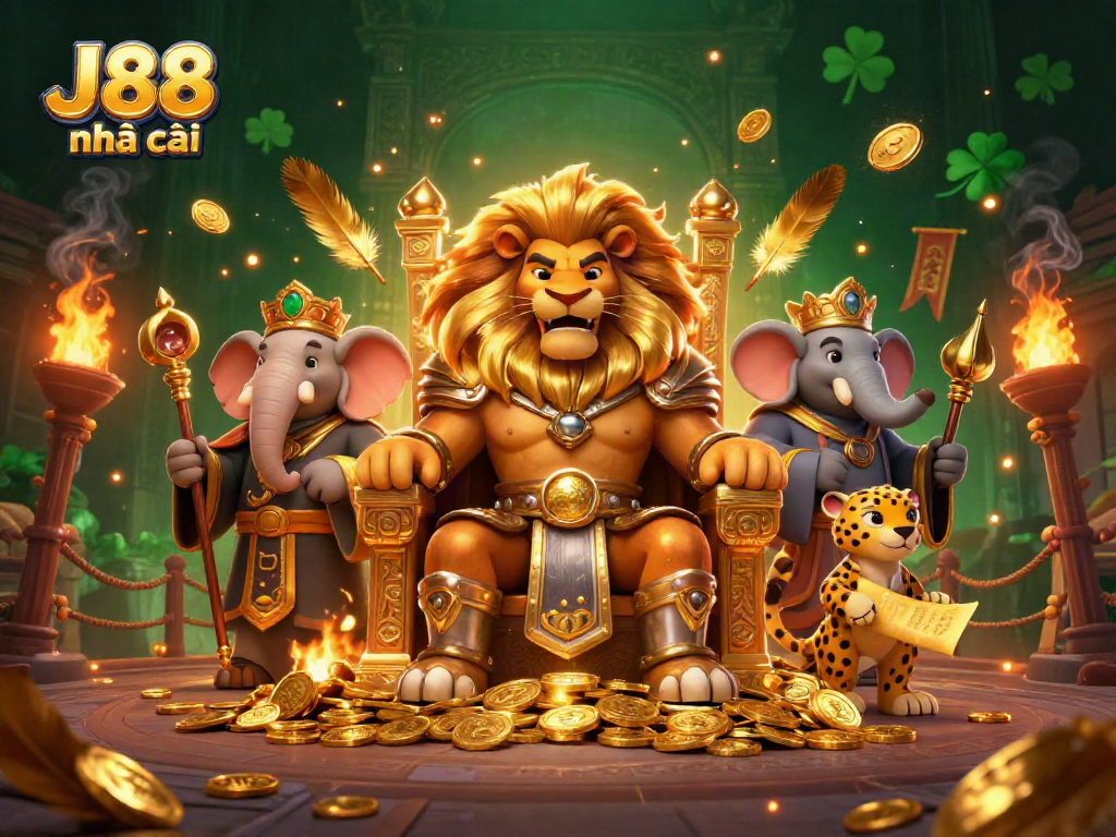 Engage with thrilling experiences at J88 nhà cái with a majestic lion king, elephant advisor, and cheetah messenger.
