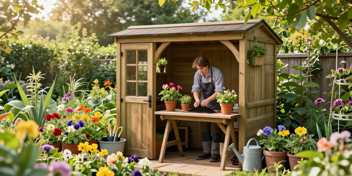 Wooden garden potting shed surrounded by flowering plants, ideal for gardening enthusiasts.