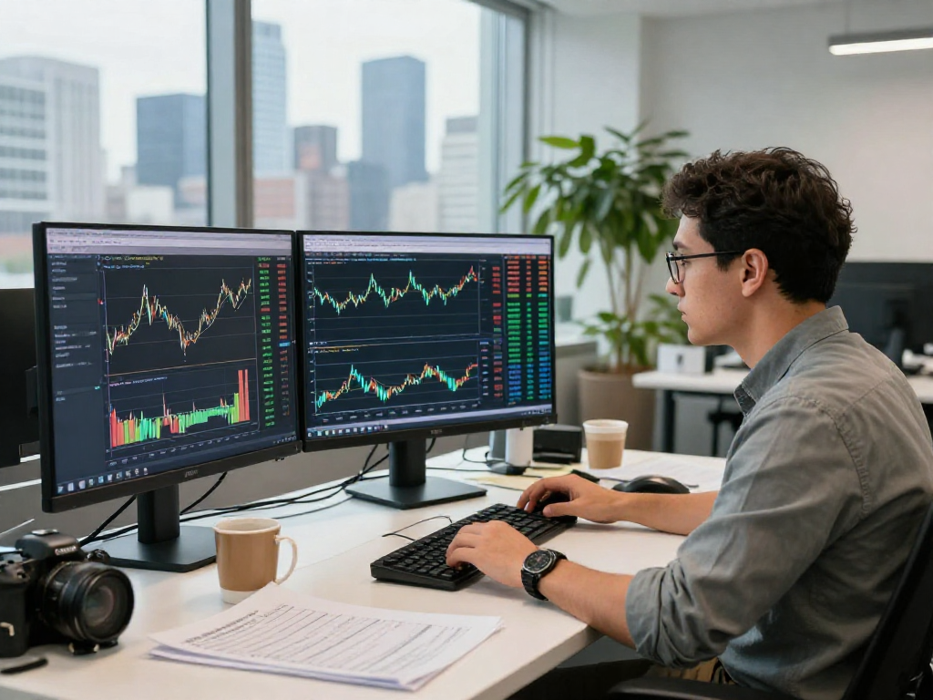 使用TradingView分析金融市场的交易员在现代办公室的工作场景