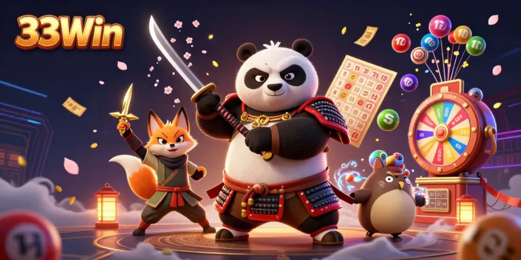 Engage with thrilling 33Win action featuring vibrant lottery elements and dynamic characters in a captivating casino scene.