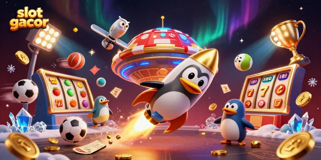 Experience thrilling slot gacor action with a golden penguin blasting through vibrant casino space.