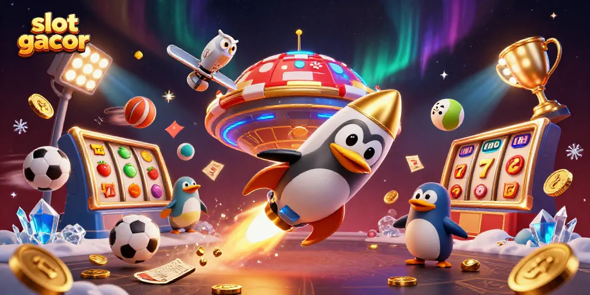 Experience thrilling slot gacor action with a golden penguin blasting through vibrant casino space.