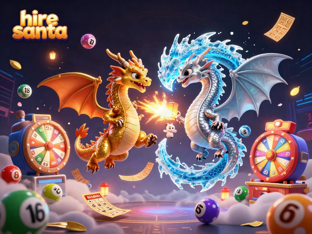 Engage with holiday cheer as you hire Santa, surrounded by festive lottery elements in a vibrant scene.