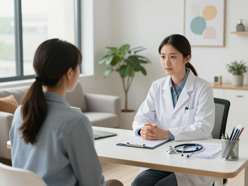 Psychiatric assessment at a mental health clinic, professional doctor consultation, compassionate patient care environment.